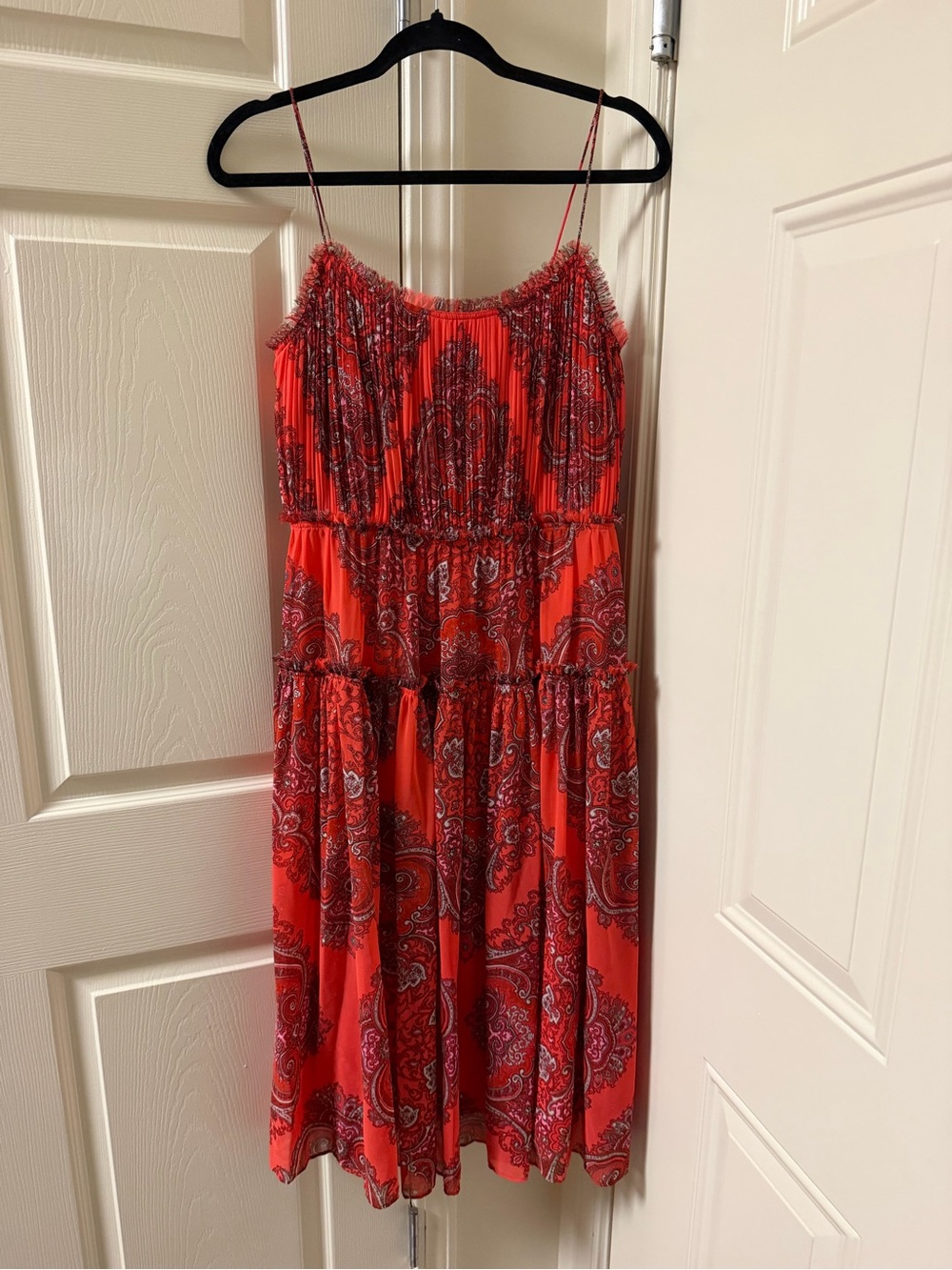 Banana Republic Red Paisley Tiered Spaghetti-Strap Midi Dress